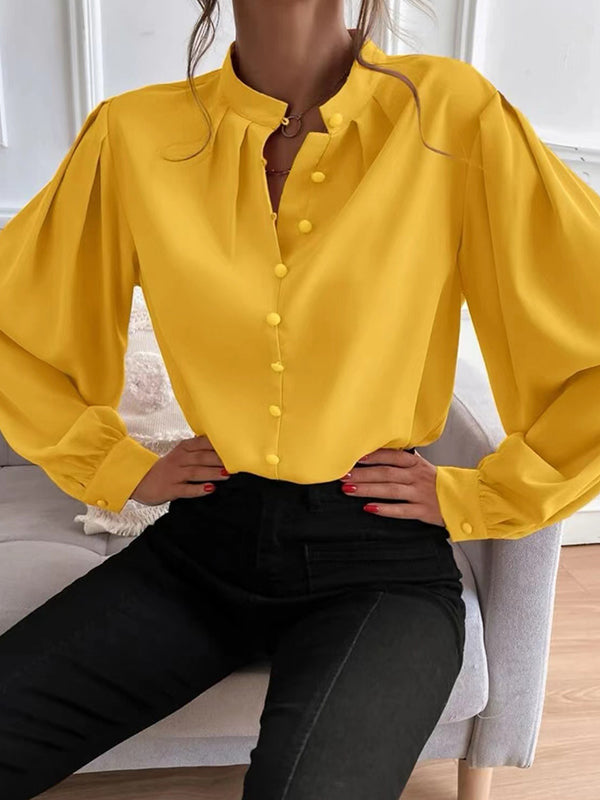 Pleated Solid Color Split-Joint Loose Puff Sleeves Stand Collar Blouses
