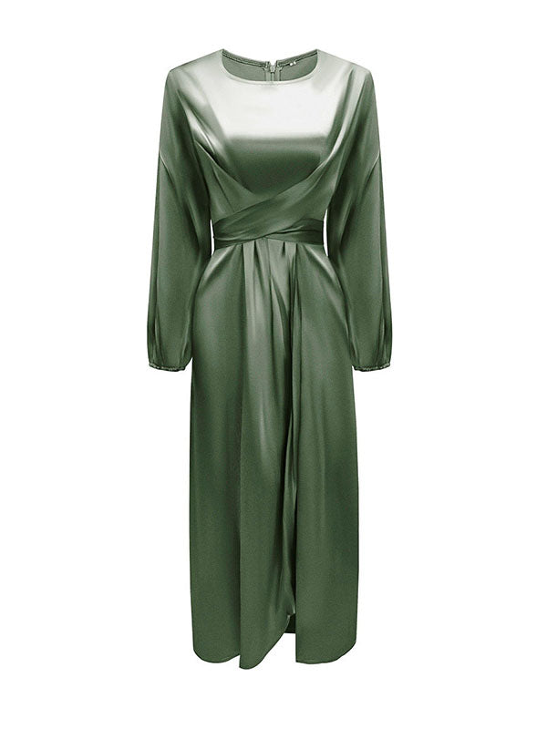 High-Waisted Solid Color Tied Waist Zipper Wrap Round-neck Maxi Dresses