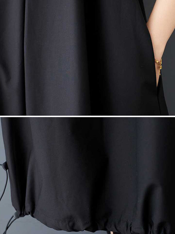 Drawstring Pleated Pockets Solid Color Zipper A-Line Loose Spaghetti-Neck Midi Dresses