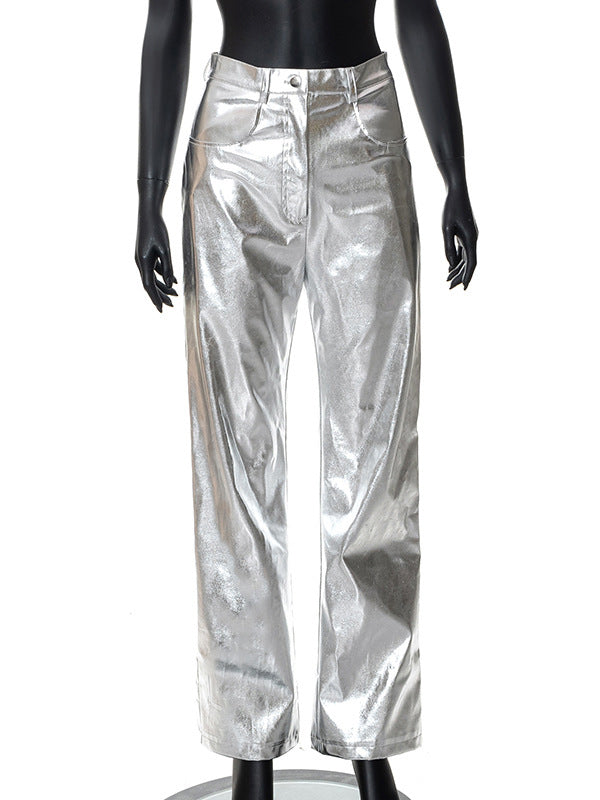 Buttoned Pockets Shiny Solid Color High Waisted Trousers Pants