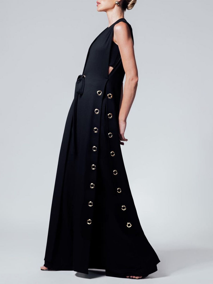 Hollow Solid Color Split-side Tied Loose Sleeveless Deep V-Neck Vest Outerwear