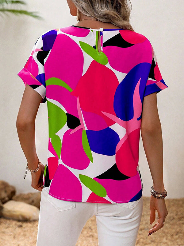 Contrast Color Hollow Printed Split-Joint Loose Short Sleeves Round-neck T-Shirts Tops