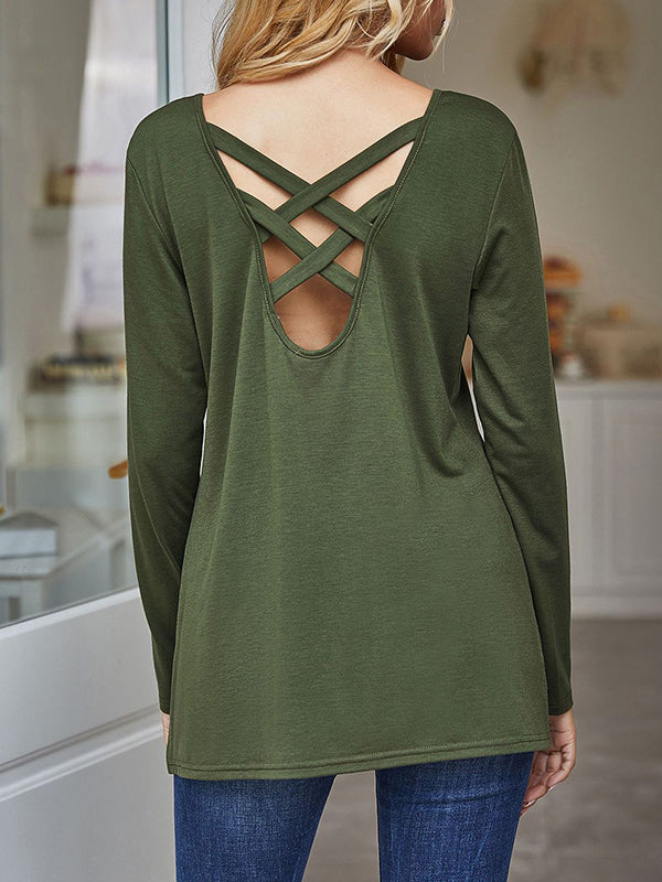 Hollow Split-Side Zipper High-Low Long Sleeves V-Neck T-Shirts Tops