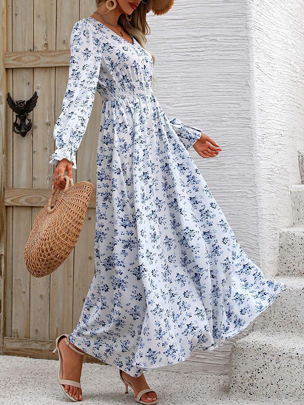 Elasticity Floral Printed Long Sleeves Loose V-neck Maxi Dresses