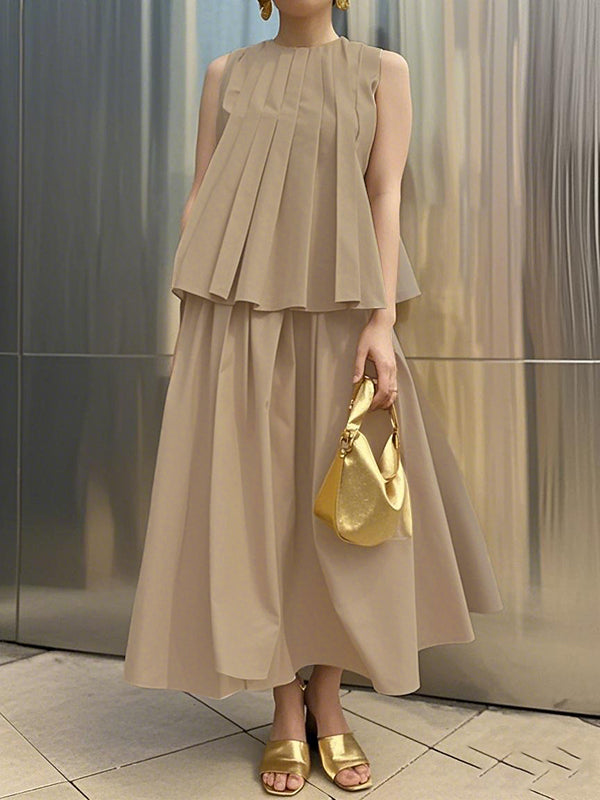 A-Line Loose Pleated Solid Color Round-Neck Vest Top