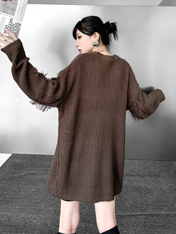 Abstract Printed Asymmetric Contrast Color Split-Joint Tasseled Irregularity Long Sleeves Round-Neck Sweater Tops