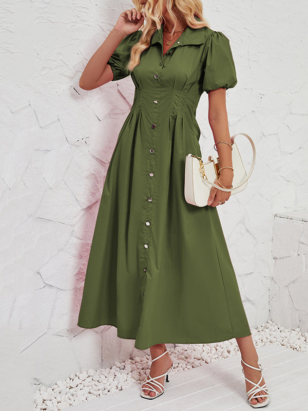 Pleated Split-Joint Loose Puff Sleeves Lapel Shirt Dress Maxi Dresses
