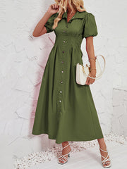 Pleated Split-Joint Loose Puff Sleeves Lapel Shirt Dress Maxi Dresses