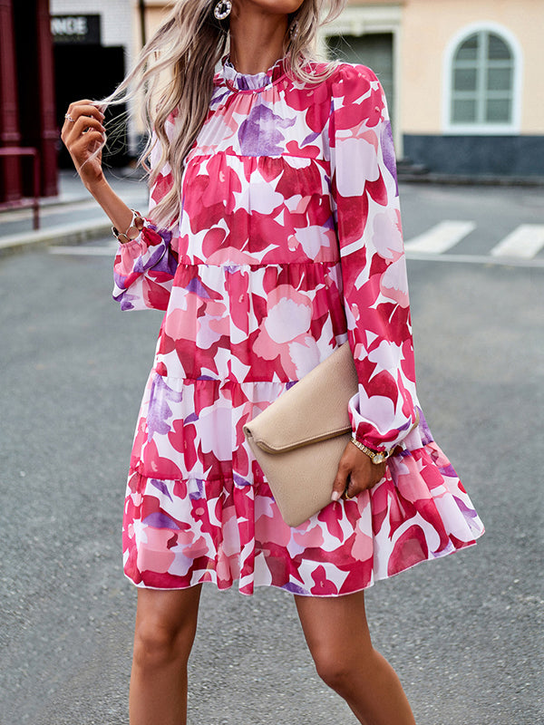 Printed Split-Joint Tied A-Line High Waisted Mock Neck Mini Dresses