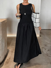 Solid Color Split-Joint A-Line Sleeveless Round-Neck Maxi Dresses