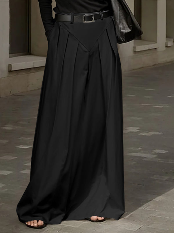 Belted Pleated Pockets Solid Color Split-Joint Zipper Loose Skirts Bottoms