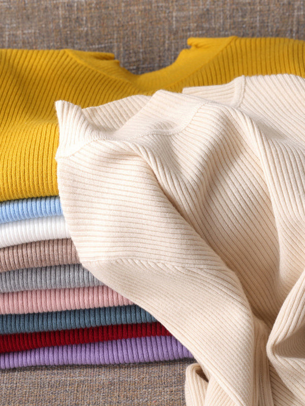 Solid Color Split-Joint Long Sleeves Skinny High Neck Sweater Tops