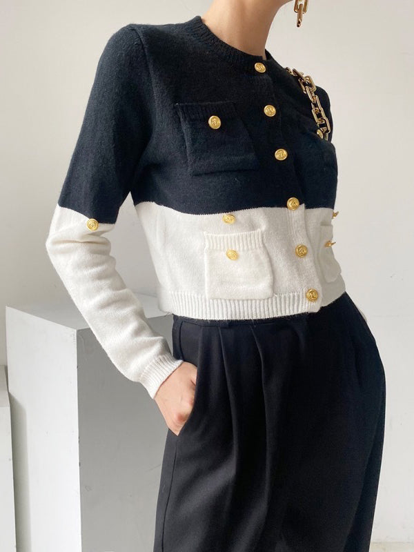 Buttoned Contrast Color Long Sleeves Round-Neck Cardigan Tops