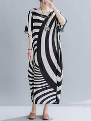 Original Striped Irregularity Round-Neck Midi Dress