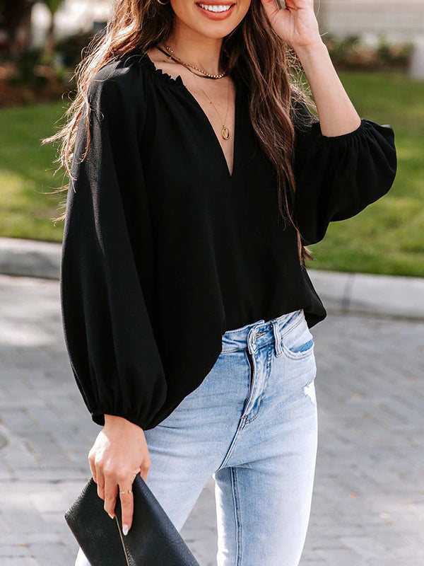 Elasticity Pleated Ruffle Trim Solid Color Long Sleeves Loose Deep V-Neck T-Shirts Tops