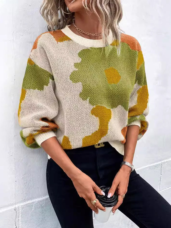 Asymmetric Knitted Flower Split-Joint Loose Puff Sleeves Round-Neck Sweater Tops