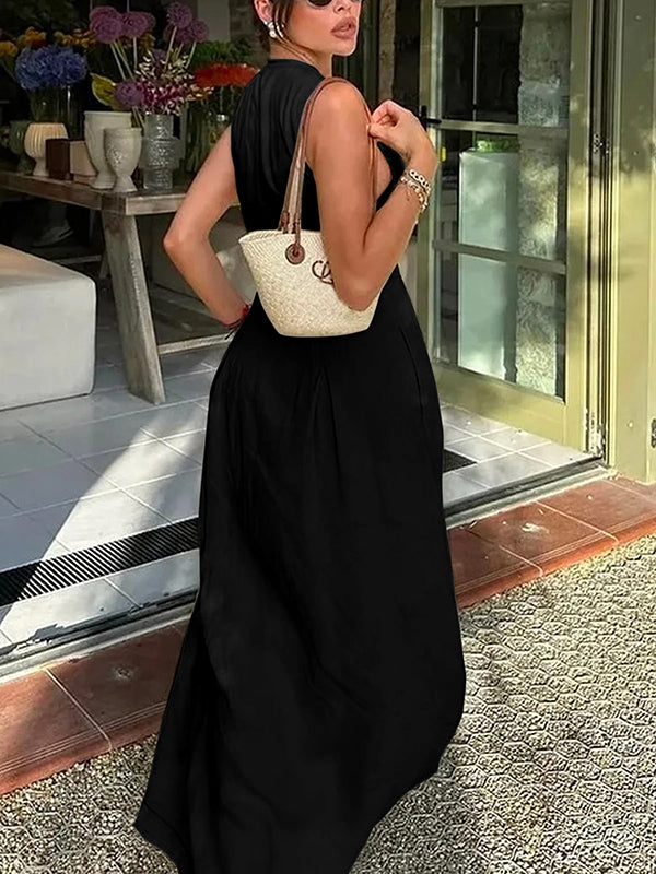 Pleated Pockets Split-Joint Zipper A-Line Loose Round-Neck Maxi Dresses