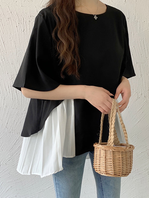 Split-Joint Half Sleeves Irregularity Round-Neck T-Shirts Tops