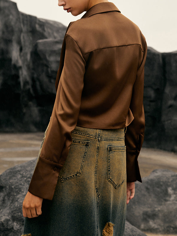 Hollow Solid Color Split-Joint Long Sleeves Loose Lapel Blouses&Shirts Tops