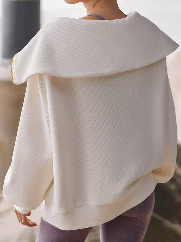 Solid Color Zipper Long Sleeves Loose Lapel Sweatshirt Tops