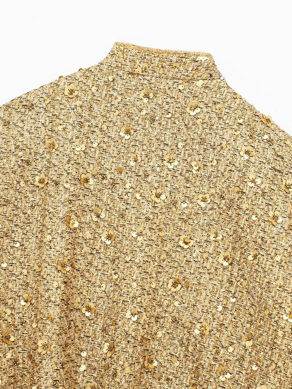 Elasticity Sequined Split-Joint Long Sleeves Loose Stand Collar Outerwear