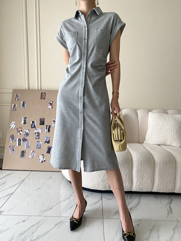 Buttoned Pleated Pockets Solid Color Split-Joint High Waisted Loose Lapel Midi Dresses