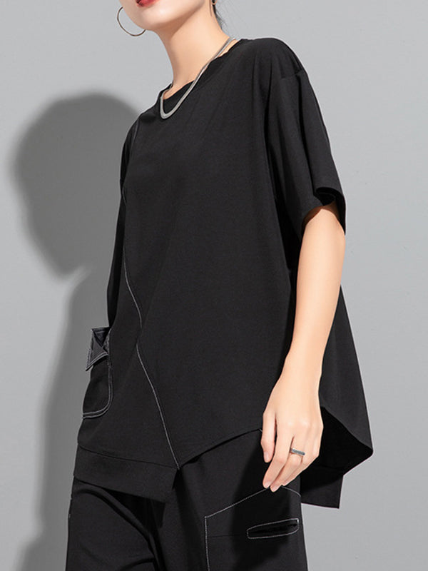Asymmetric Solid Color Split-Joint Loose Short Sleeves Round-Neck T-Shirts Tops
