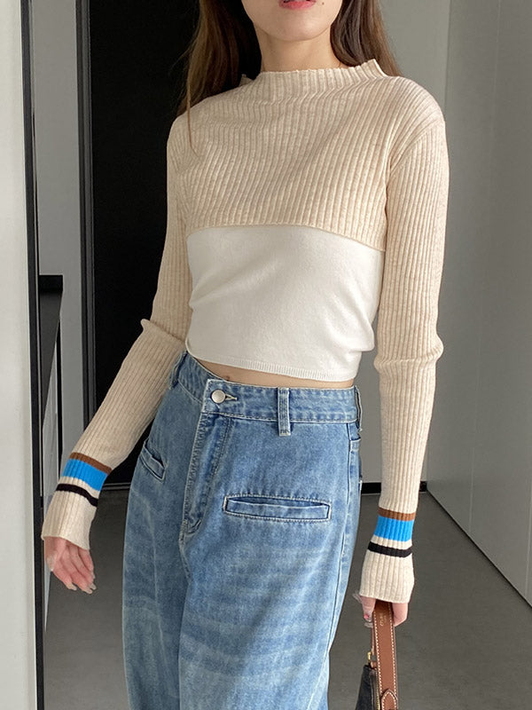 Contrast Color Long Sleeves Loose Round-Neck Two Pieces Set Cover-Ups Tops