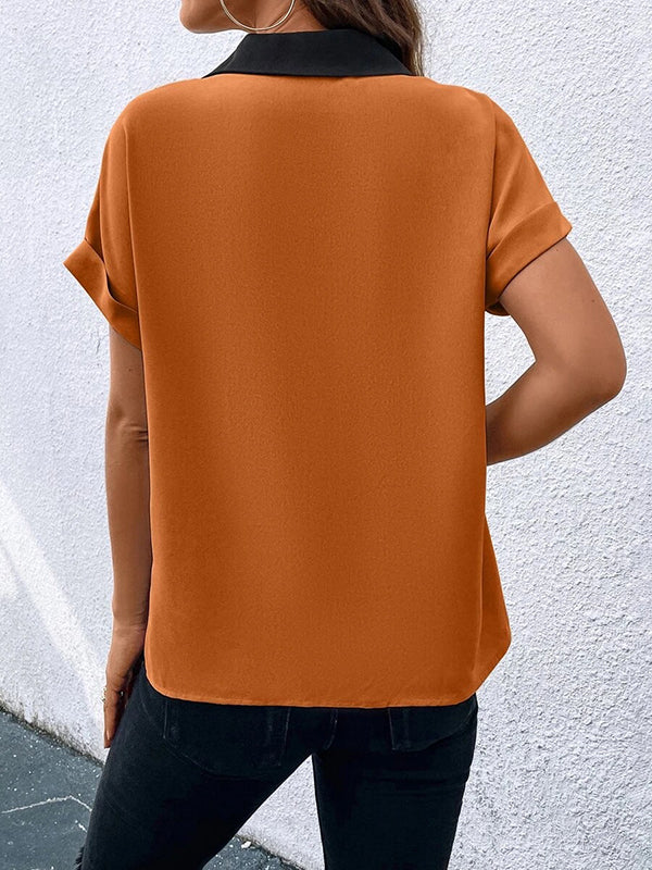 Contrast Color Loose Short Sleeves V-neck T-Shirts Tops