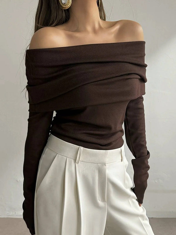 Solid Color Long Sleeves Loose Off-The-Shoulder Sweater Tops Pullovers