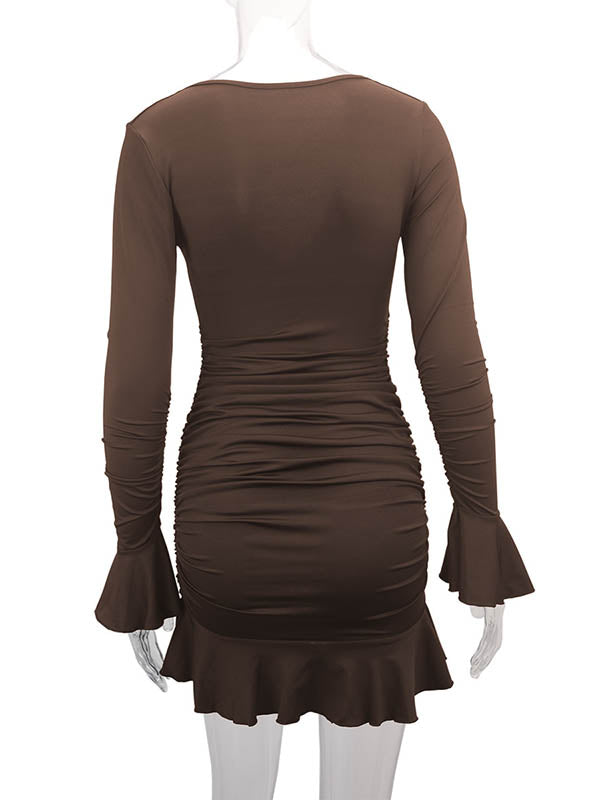 Pleated Ruffled Solid Color Split-Joint Bodycon Elasticated Waist V-Neck Midi Dresses