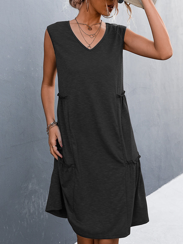 Pleated Solid Color Split-Joint A-line Loose V-neck Midi Dresses