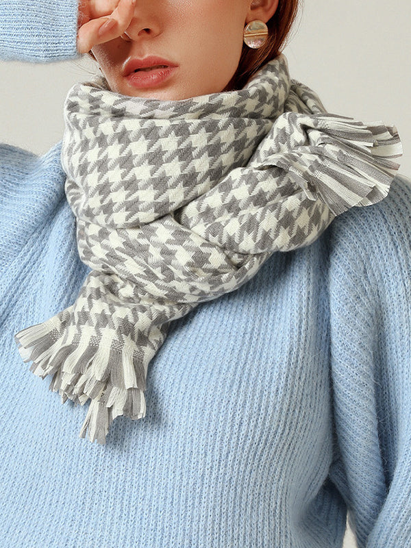 Fringed Houndstooth Keep Warm Shawl&Scarf