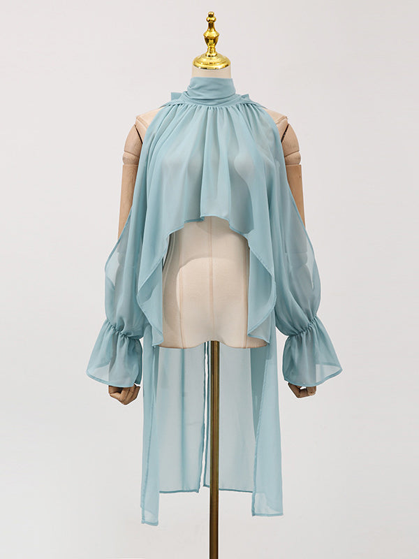 Elasticity Hollow Pleated Solid Color High-Low Long Sleeves Mock Neck Blouses&Shirts Tops