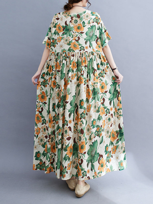Floral Printed Pleated Split-Joint Loose Short Sleeves Round-Neck Midi Dresses