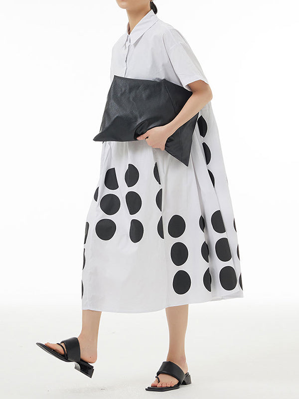Contrast Color Pleated Split-Joint Loose Short Sleeves Lapel Shirt Dress Midi Dresses