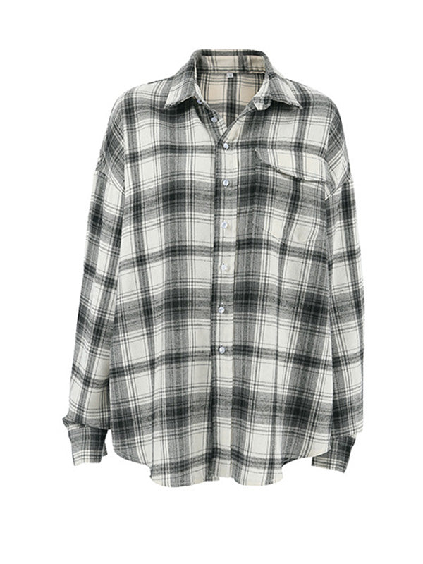 Buttoned Plaid Pockets Long Sleeves Loose Lapel Blouses&Shirts Tops