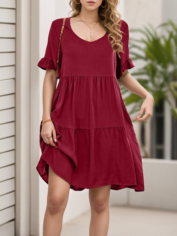 Pleated Pockets Ruffled Solid Color Split-Joint A-Line Flared Sleeves Round-Neck Mini Dresses