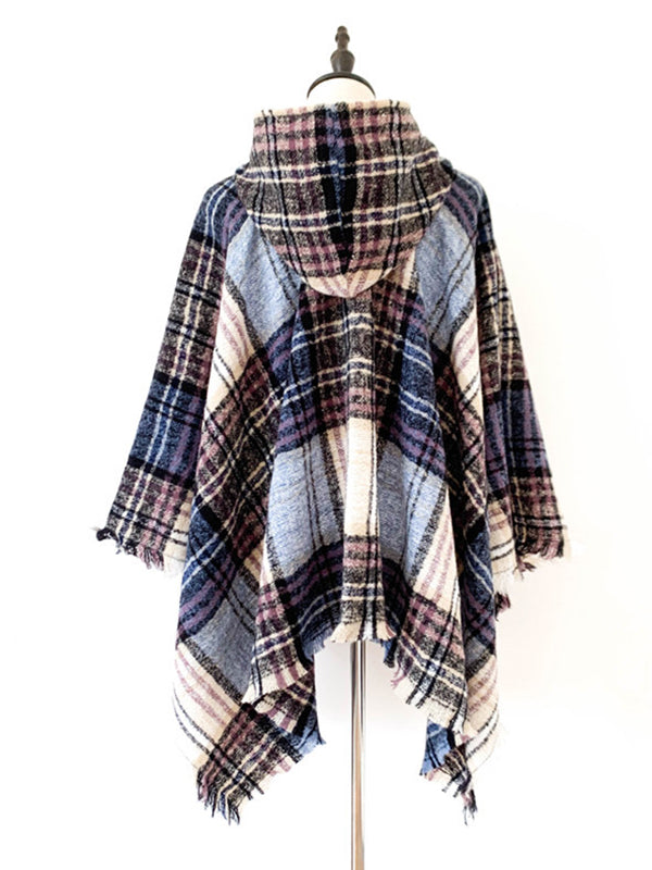 Fringed Hooded Keep Warm Plaid Shawl&Cloak Cape