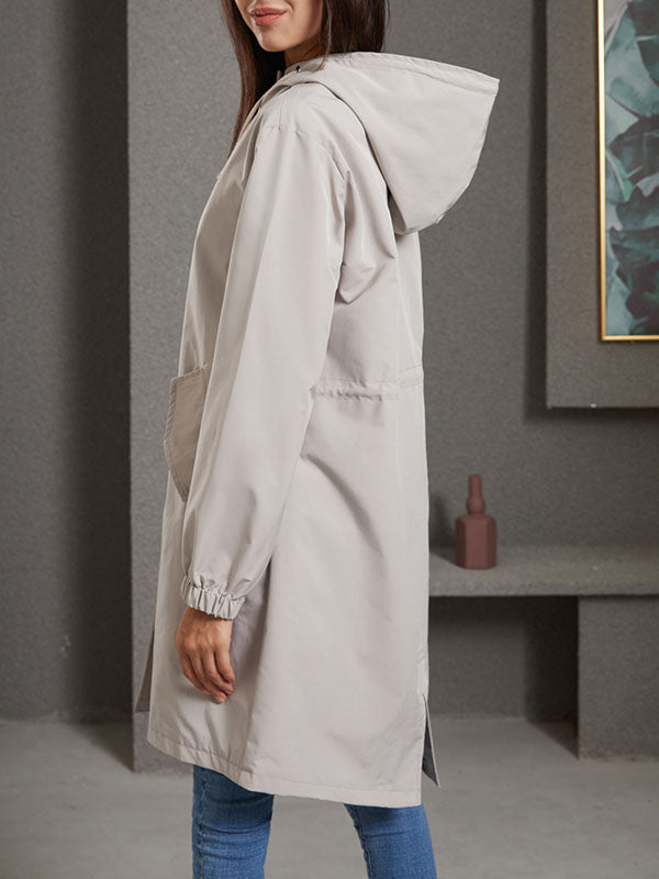 Buttoned Drawstring Elasticity Hooded Pockets Split-Back Waterproof Long Sleeves Loose High-Neck Trench Coats
