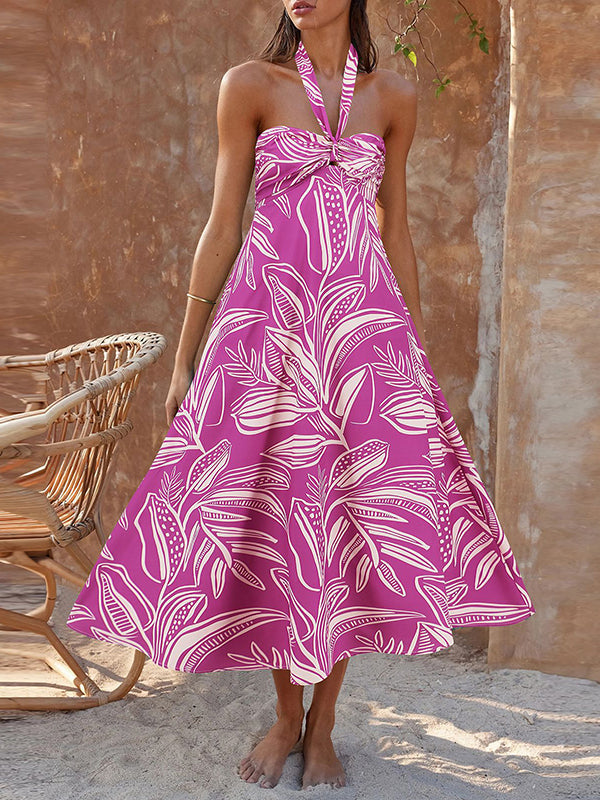Hollow Leaves Print Split-Joint A-Line Loose Halter-Neck Midi Dresses