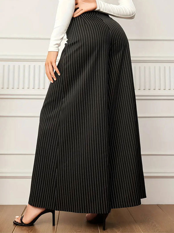 Buttoned Split-Joint Striped High Waisted Wide Leg Trousers Pants