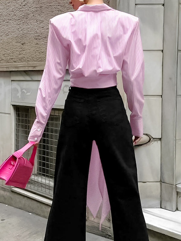 Asymmetric Split-Joint Striped Long Sleeves Loose Lapel Blouses