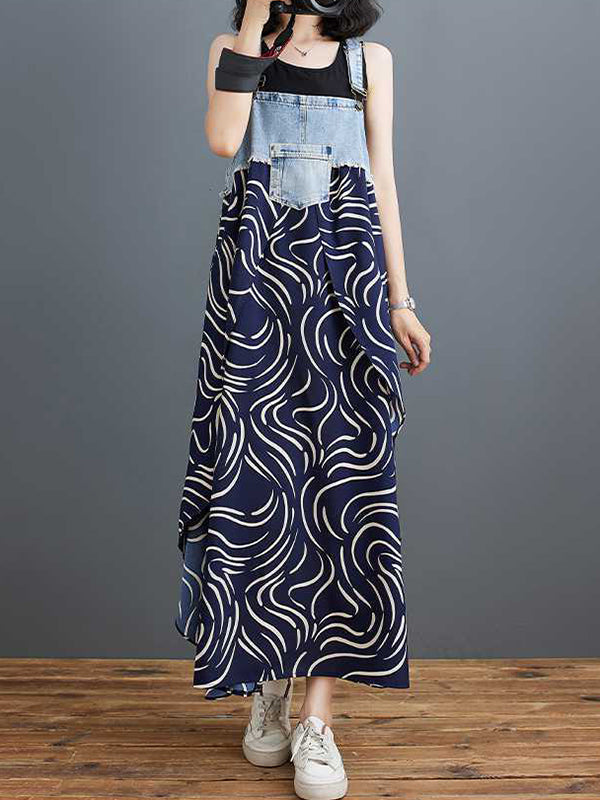 Contrast Color Pockets Printed Split-Joint A-Line Loose Spaghetti-Neck Suspender Dress Maxi Dresses