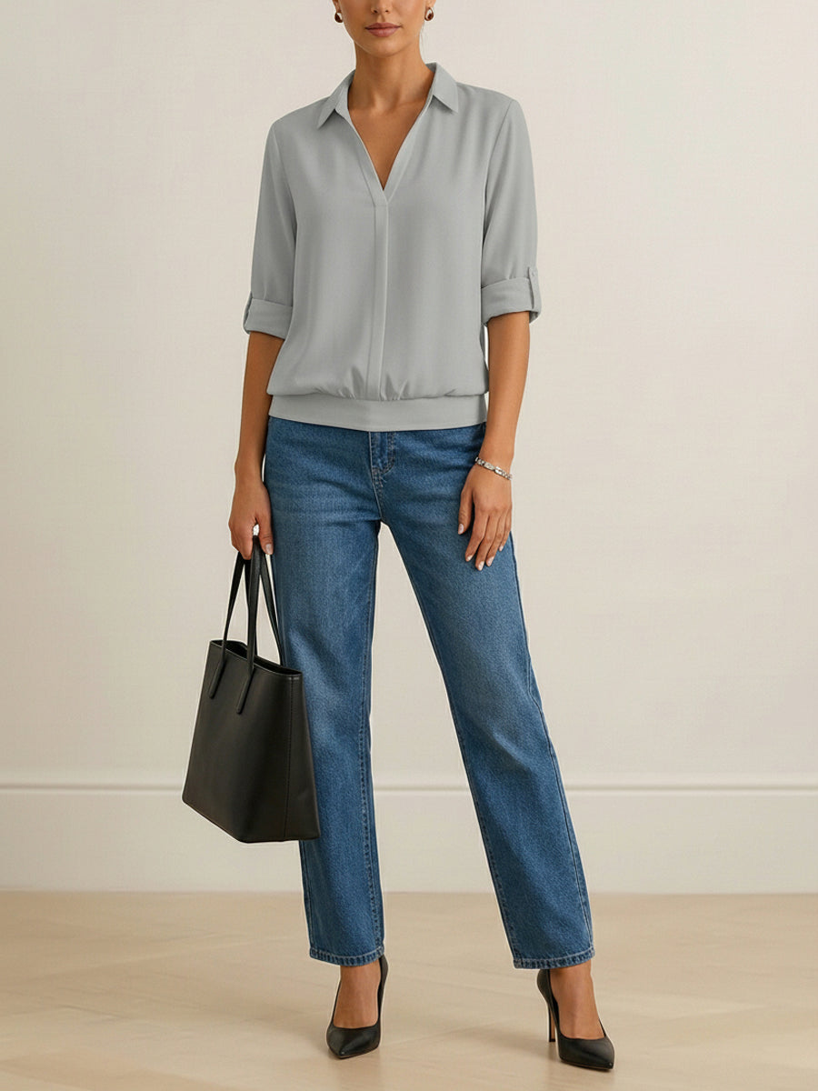 Solid Color Split-Joint Half Sleeves Lapel Blouses&shirts Tops