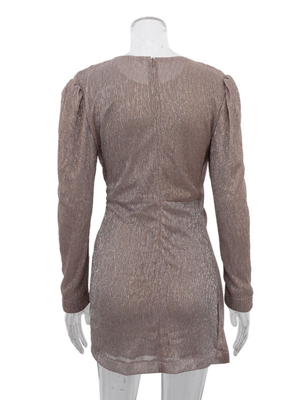 Knot Shiny Solid Color Zipper Bodycon High Waisted Round-Neck Mini Dresses