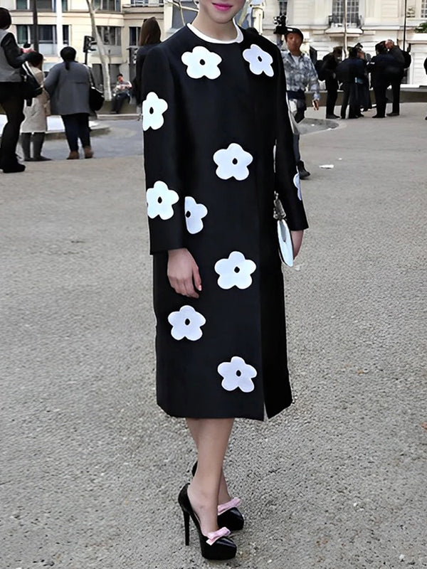 Contrast Color Flower Print Long Sleeves Loose Round-Neck Woolen Coat Outerwear