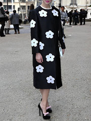 Contrast Color Flower Print Long Sleeves Loose Round-Neck Woolen Coat Outerwear