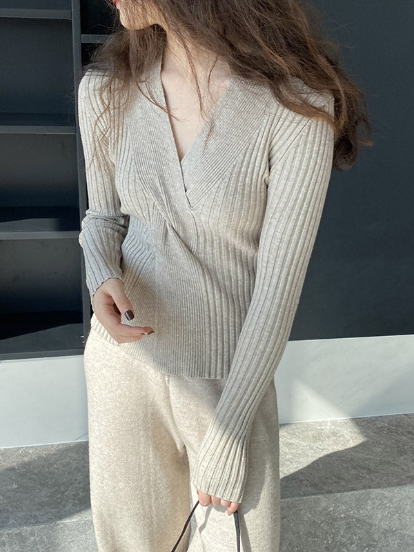 Knot Solid Color Long Sleeves Loose V-Neck Sweater Tops Pullovers