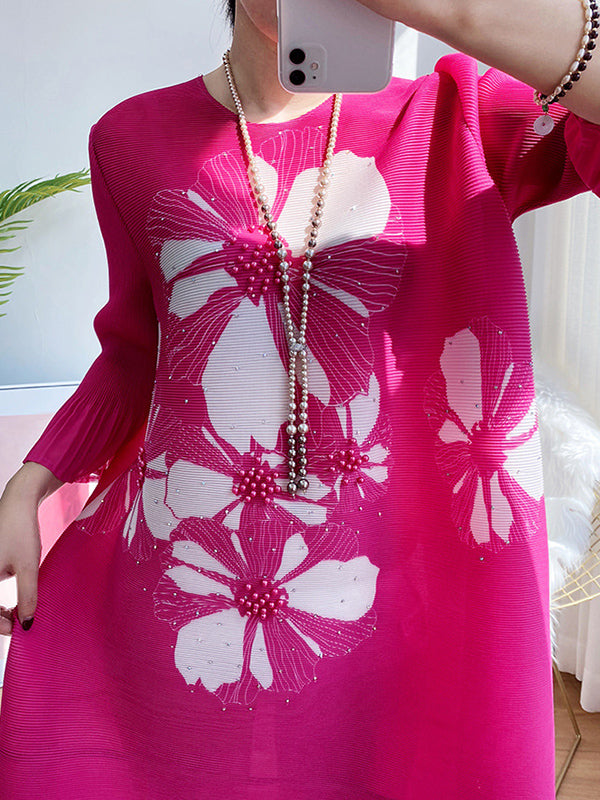 Floral Printed Flared Sleeves Loose Round-neck Midi Dresses